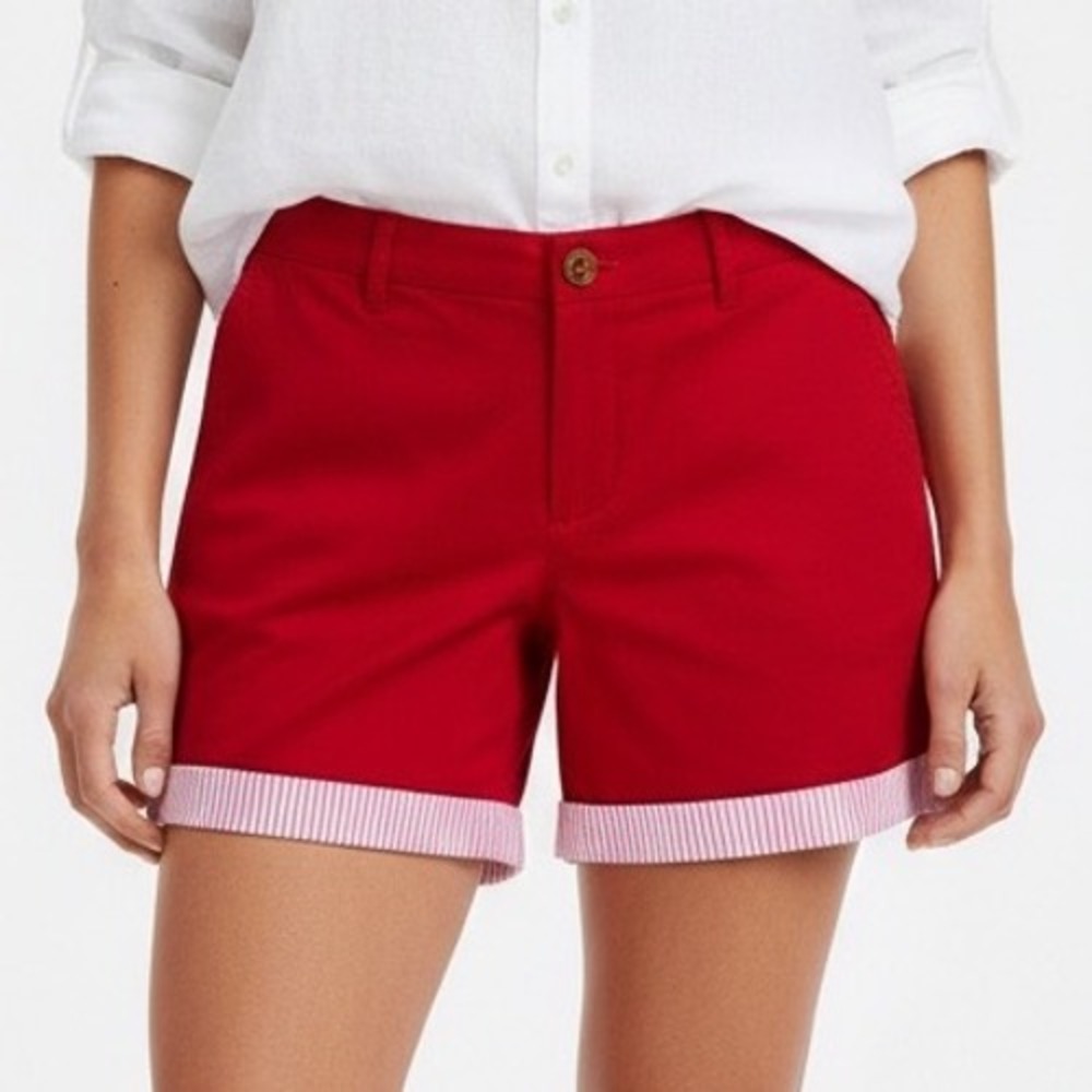 Talbots Red Striped Cuff Relaxed Chino Shorts 14 7 inch Inseam Cotton Blend‎